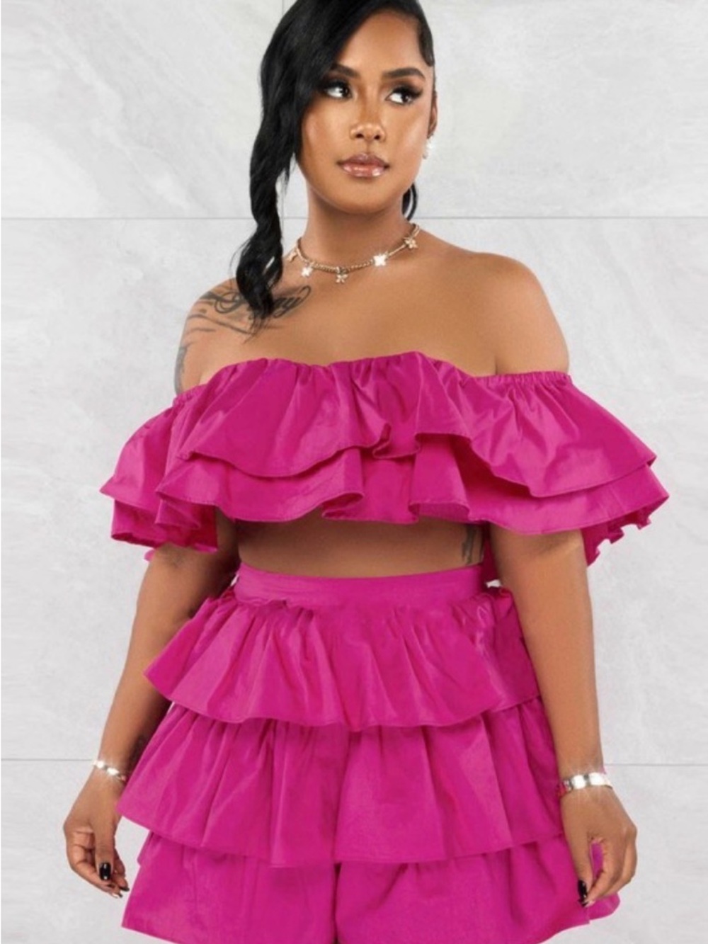 Off-Shoulder Ruffle Mini Set in Fuchsia - Picture 2 of 3